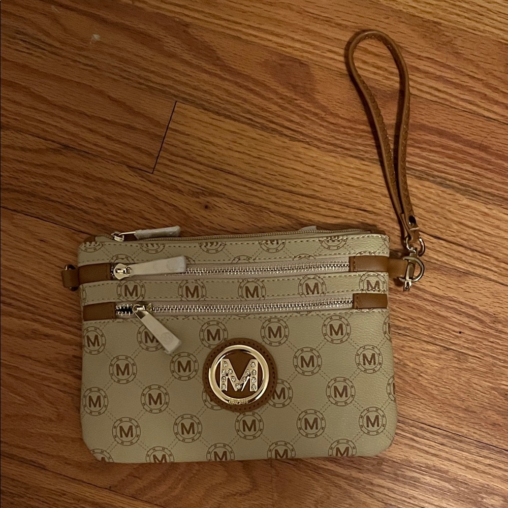 Tan Wristlet with Logo Pattern